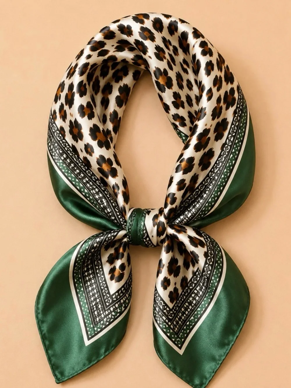 Green Leopard Print Silk-Feel Square Scarf